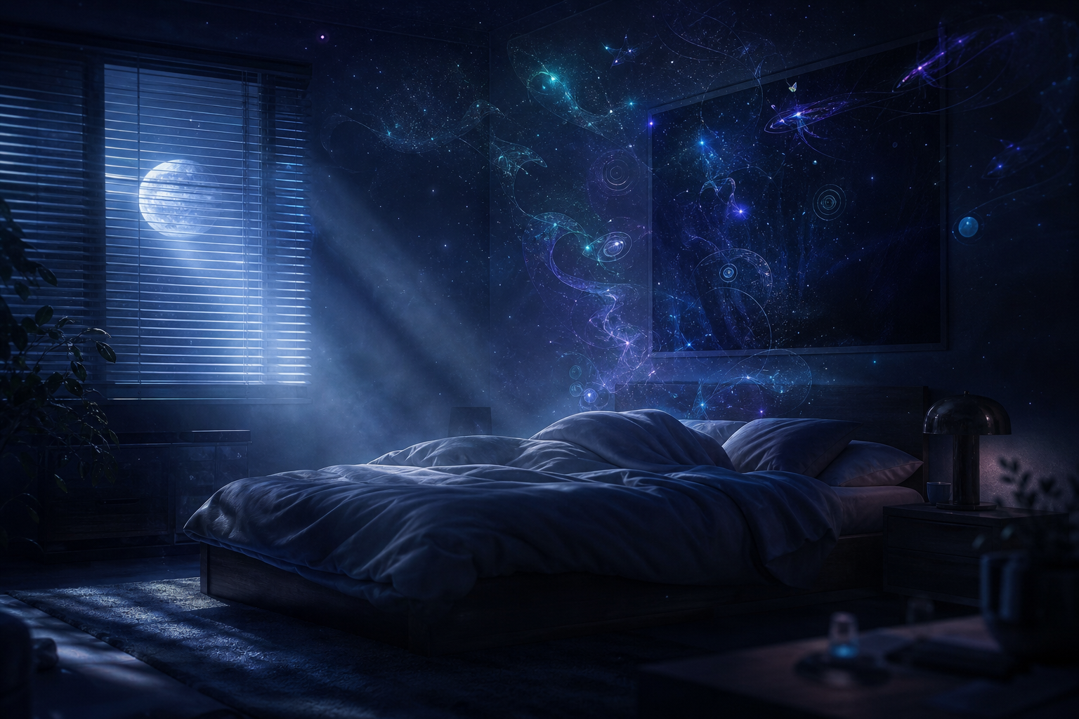 Moonlit bedroom with ethereal dream-light above the bed — AI interpretation motif