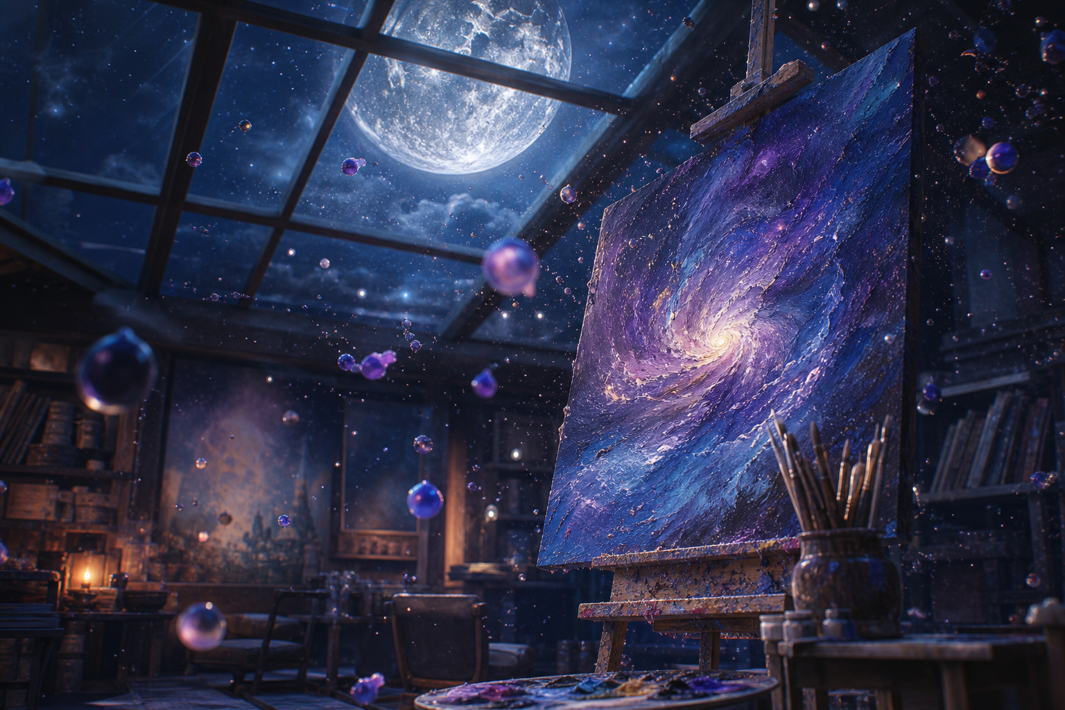 Moonlit art studio canvas swirling with cosmic paint — DreamVis dream art motif