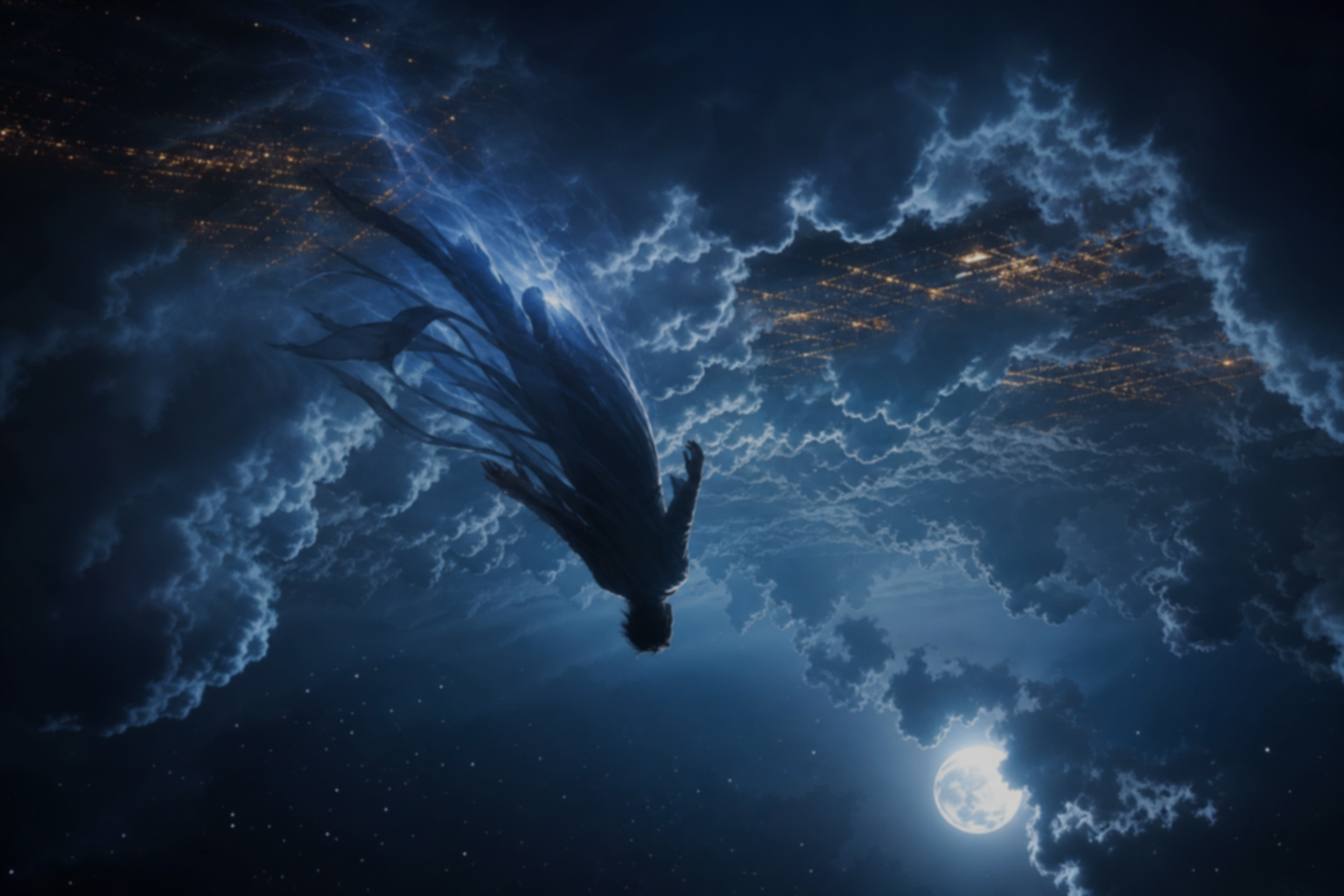 Figure dropping through moonlit void — falling dream motif